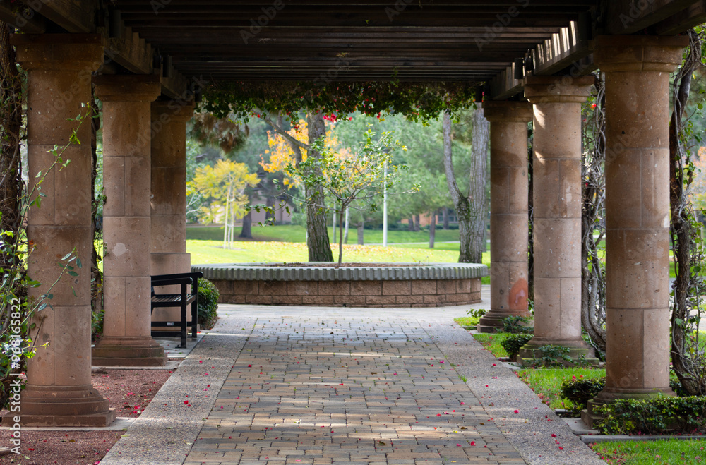 columns lining pathway in garden with pink flowers columns lining pathway in garden with pink flowers
