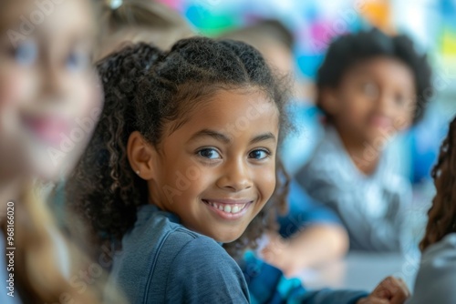 A group of children are sitting at a table, one of them smiling