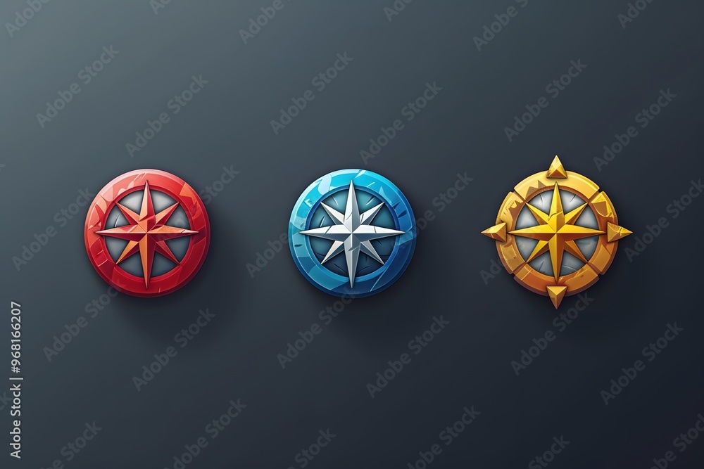 Colorful Compass Badges Featuring Red, Blue, and Gold Designs Colorful Compass Badges Featuring Red, Blue, and Gold Designs