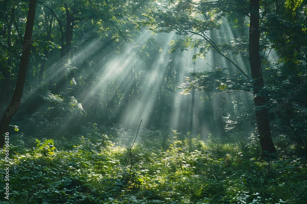 Obraz premium Enchanting Sunlight Filtering Through a Lush Forest Canopy