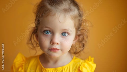 cute little girl with blue eyes and blonde hair portrait of an adorable toddler girl with blue eyes and curly hair, toddler with a curious expression, set against a pastel orange background