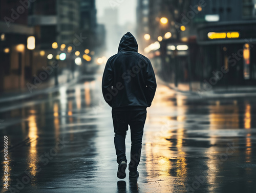 A lone man in a hoodie walking down an empty city street on a rainy evening.