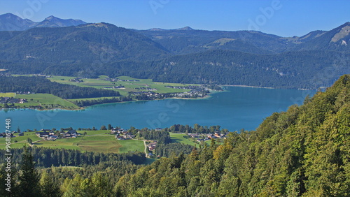 View of Wolfgangsee Lake from Schafbergbahn, Salzkammergut, Upper Austria, Austria, Europe 