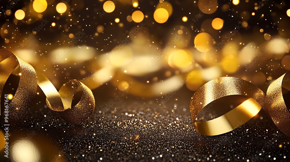 Obraz premium Gold luxury background and elegant ribbon decorations with glitter light effects elements and bokeh. Generative Ai