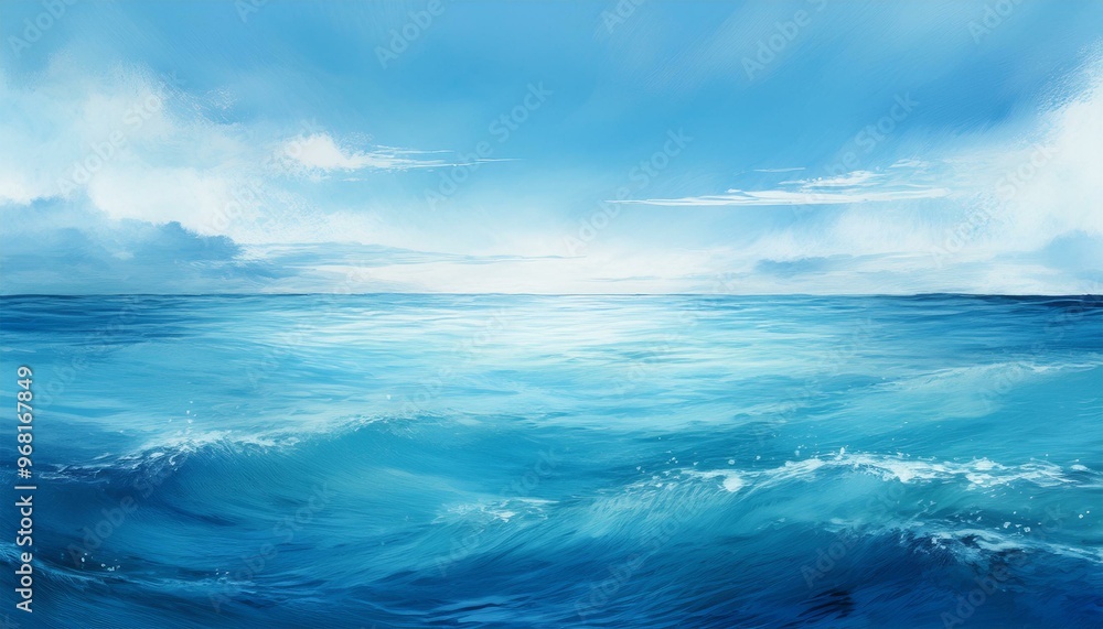 Fototapeta premium A calm ocean view with the horizon line in the lower third, the sky above is empty and vast,