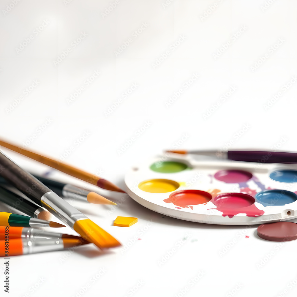 Artistic tools and vibrant paints scattered on a clean workspace Artistic tools and vibrant paints scattered on a clean workspace