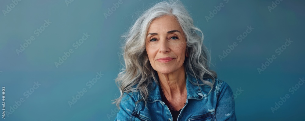 A confident senior woman with a bright smile, standing against a blue background in a casual denim jacket. Free copy space for banner. A confident senior woman with a bright smile, standing against a blue background in a casual denim jacket. Free copy space for banner.