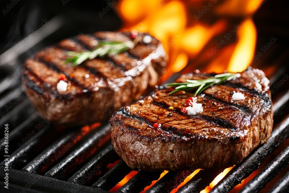 Juicy grilled steaks sizzling on a barbecue with rosemary garnishing in the warm glow of the flames Juicy grilled steaks sizzling on a barbecue with rosemary garnishing in the warm glow of the flames