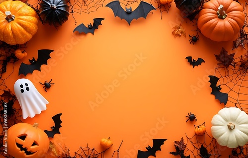 Halloween holiday frame with party decorations from pumpkins, bats, spider web and ghosts top view. Happy halloween greeting card on orange background. Generative Ai