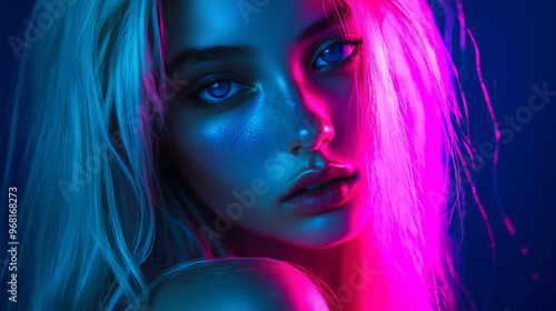 young woman in neon light Generative AI