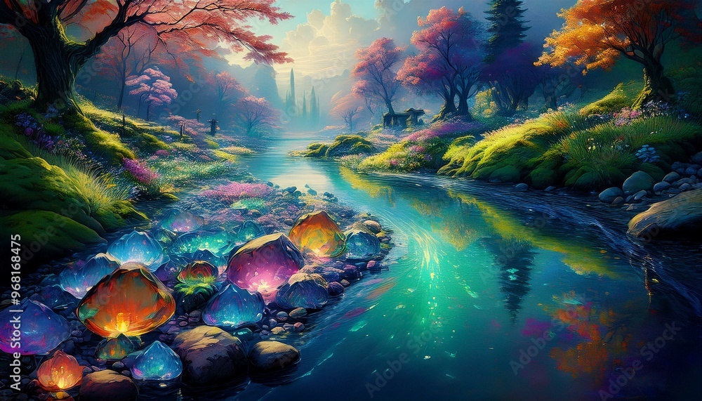 A river made of colorful gemstones and wishing stones, flowing through a tranquil landscape. A river made of colorful gemstones and wishing stones, flowing through a tranquil landscape.
