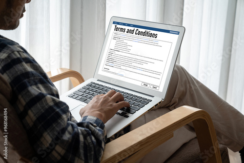 Digital legal contract provide terms and conditions document on computer screen ready for online digital signature for deal agreement of future business snugly