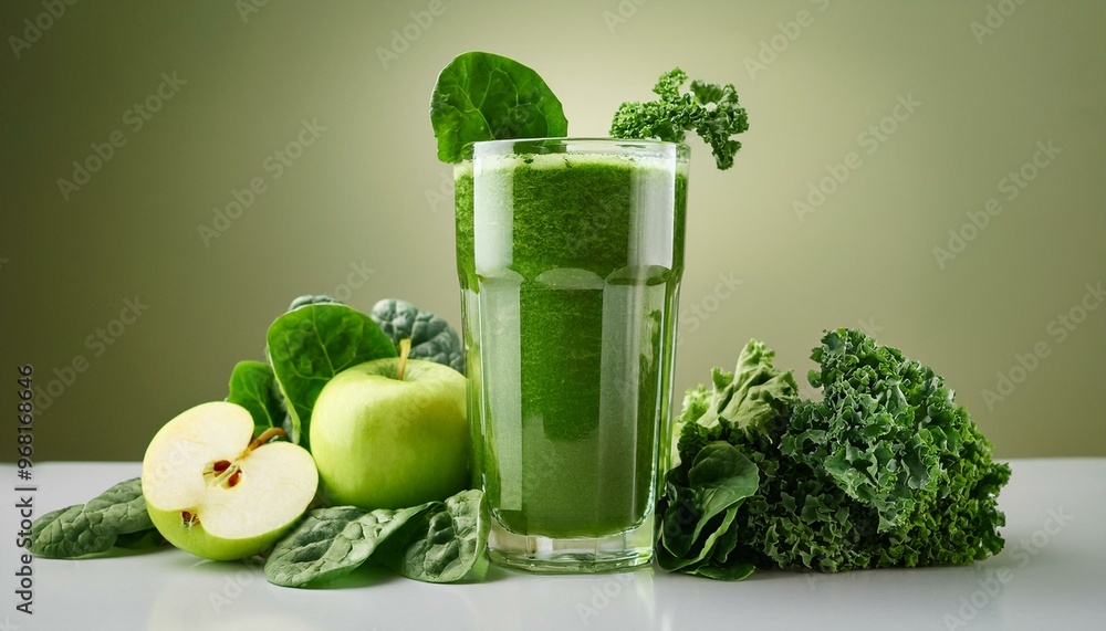 A tall glass of green smoothie with spinach, kale, and apple slices beside it, set against a A tall glass of green smoothie with spinach, kale, and apple slices beside it, set against a
