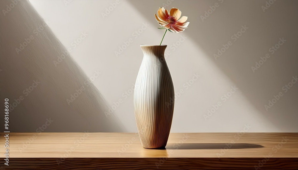 A tall, slender ceramic vase with a single flower, placed off-center on a wooden table, with A tall, slender ceramic vase with a single flower, placed off-center on a wooden table, with