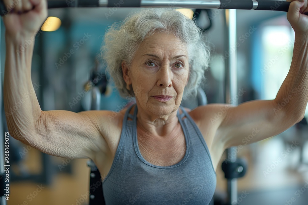 Obraz premium A senior woman with gray hair works out on a weight machine in a gym, showcasing strength and determination.