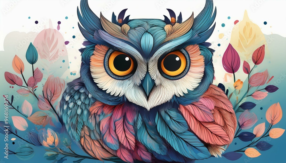 Obraz premium Watercolor Owls- conceptual soft, dreamy owl illustration with flowing colors and gentle lines with copy space