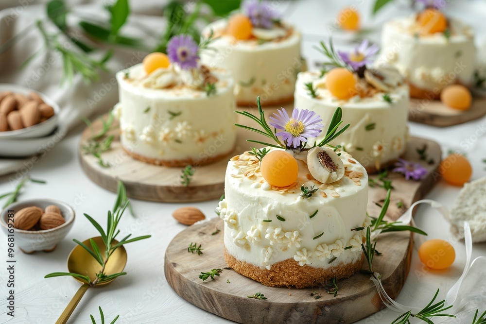 Delicious almond white chocolate cakes garnished with fresh herbs, flowers, and fruit on rustic wooden boards Delicious almond white chocolate cakes garnished with fresh herbs, flowers, and fruit on rustic wooden boards
