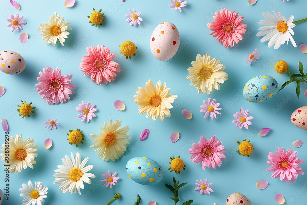 Fototapeta premium Colorful decorated eggs are scattered among bright flowers on a serene pastel blue backdrop, perfect for spring festivities