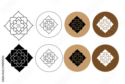 lotus water lily line logo. black and white logo vector. colored circle and square logo. abstract lotus symbols. vector eps10
