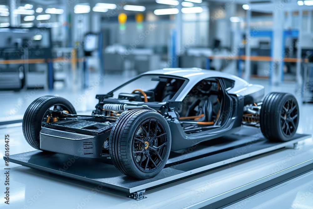 A detailed view of an electric car chassis featuring innovative battery packs in a state-of-the-art facility A detailed view of an electric car chassis featuring innovative battery packs in a state-of-the-art facility