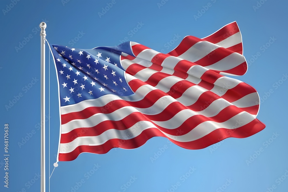 Obraz premium Vibrant American Flag Waving Against a Clear Blue Sky