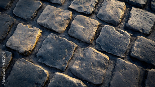 Aged cobblestone pavement from above, featuring weathered and multi-tonal stones arranged in a traditional, rustic pattern with rich textures