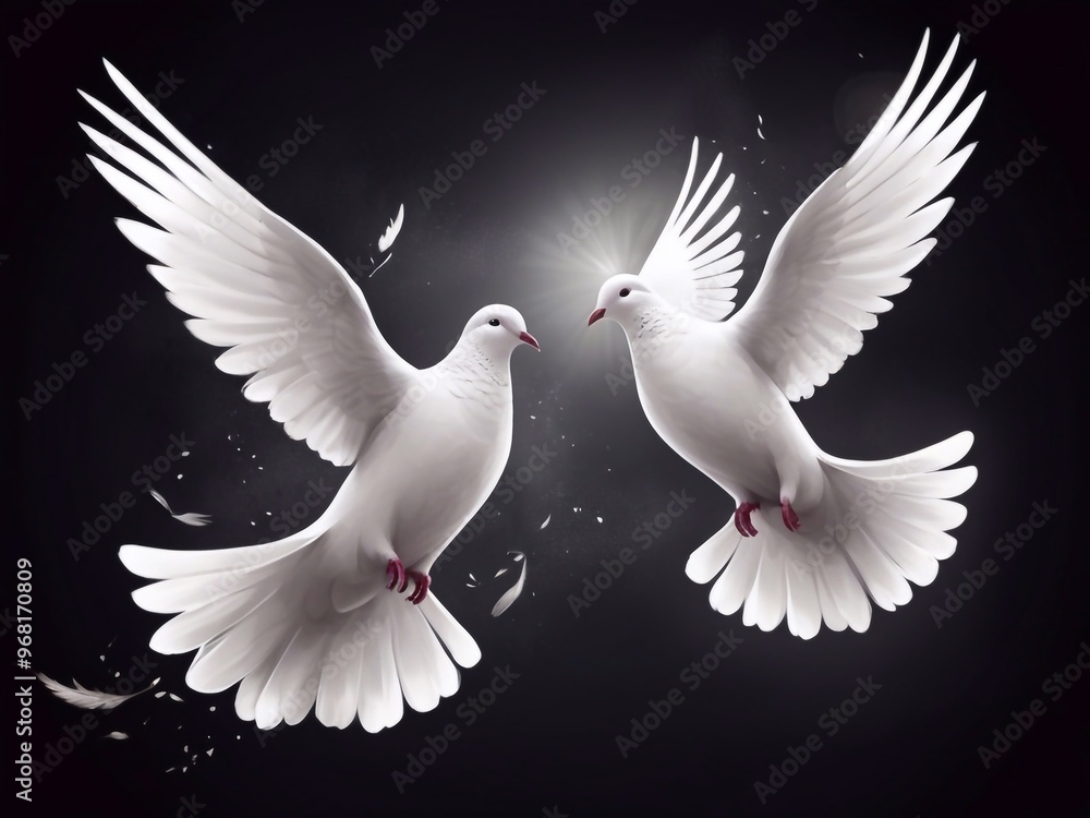Fototapeta premium Two white doves of peace on a dark background. Realistic art. Peace antiwar symbol illustration. International Peace Day banner card design