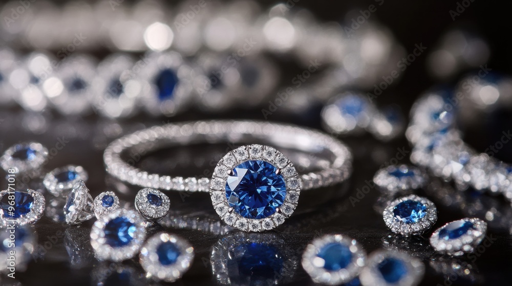 Elegant sapphire jewelry displayed on a dark surface for an eye-catching showcase of beauty Elegant sapphire jewelry displayed on a dark surface for an eye-catching showcase of beauty