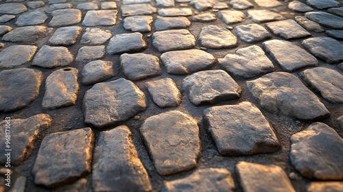 Worn cobblestone pavement illuminated by golden sunlight, highlighting the texture and rough details of the ancient stones on a weathered street