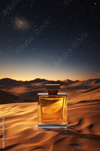 Perfume in Desert: Elegant perfume bottle standing in a desert under a starry sky.