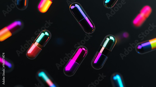 Brightly colored, glossy capsules floating in the air.