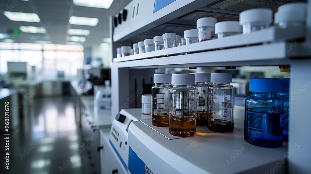 A modern laboratory with glassware, vials, and equipment, showcasing a clean and organized environment. A modern laboratory with glassware, vials, and equipment, showcasing a clean and organized environment.