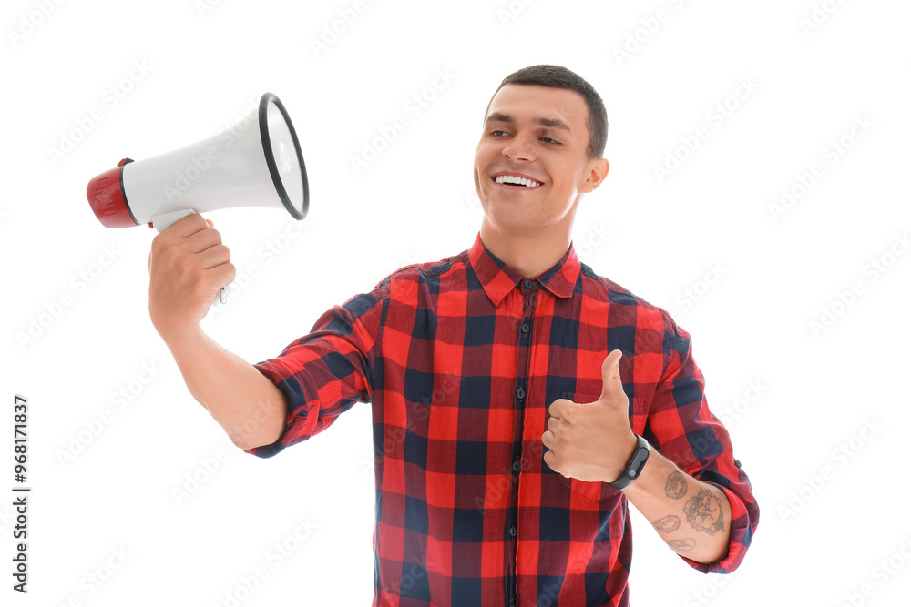 Young man with megaphone showing thumb-up on white background Young man with megaphone showing thumb-up on white background