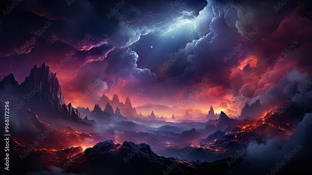 Fiery clouds over a volcanic landscape Fiery clouds over a volcanic landscape