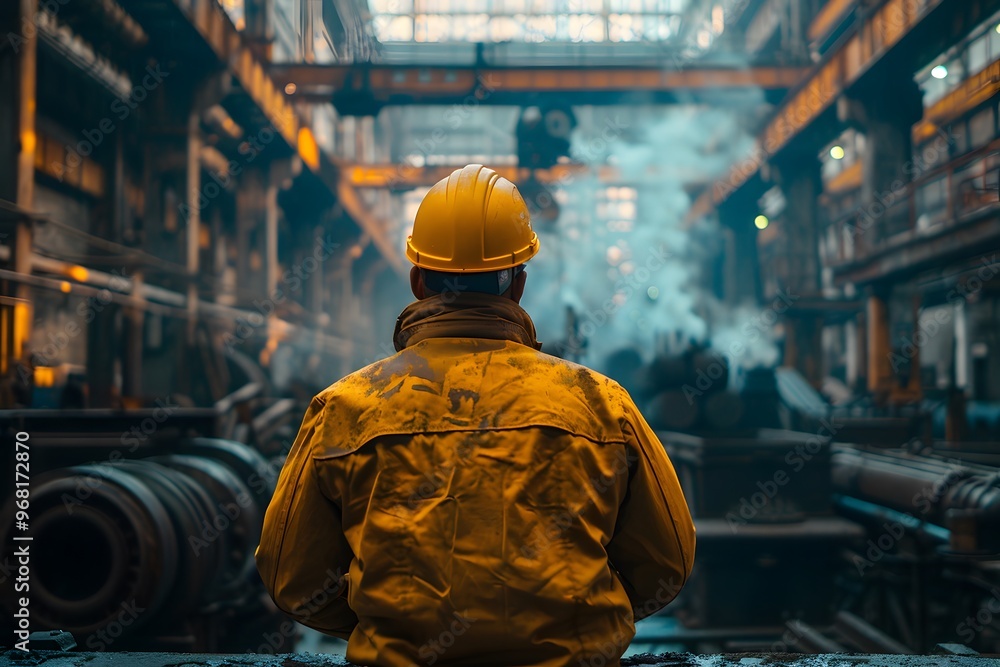 Worker in Safety Gear Observing Industrial Environment Worker in Safety Gear Observing Industrial Environment
