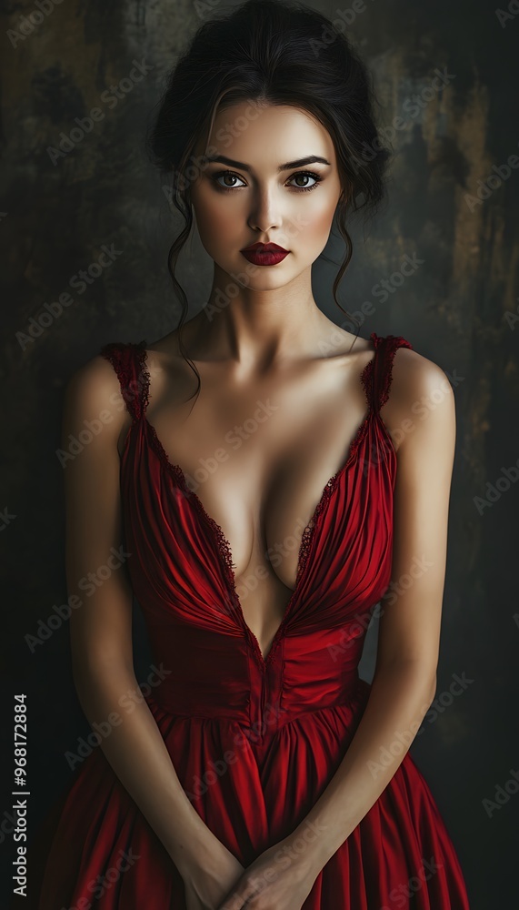 Eastern European woman in a classic red dress with a decollete Eastern European woman in a classic red dress with a decollete