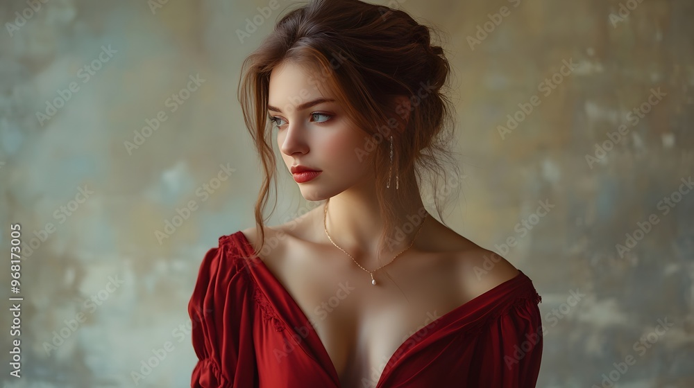 Eastern European woman in a classic red dress with a decollete Eastern European woman in a classic red dress with a decollete