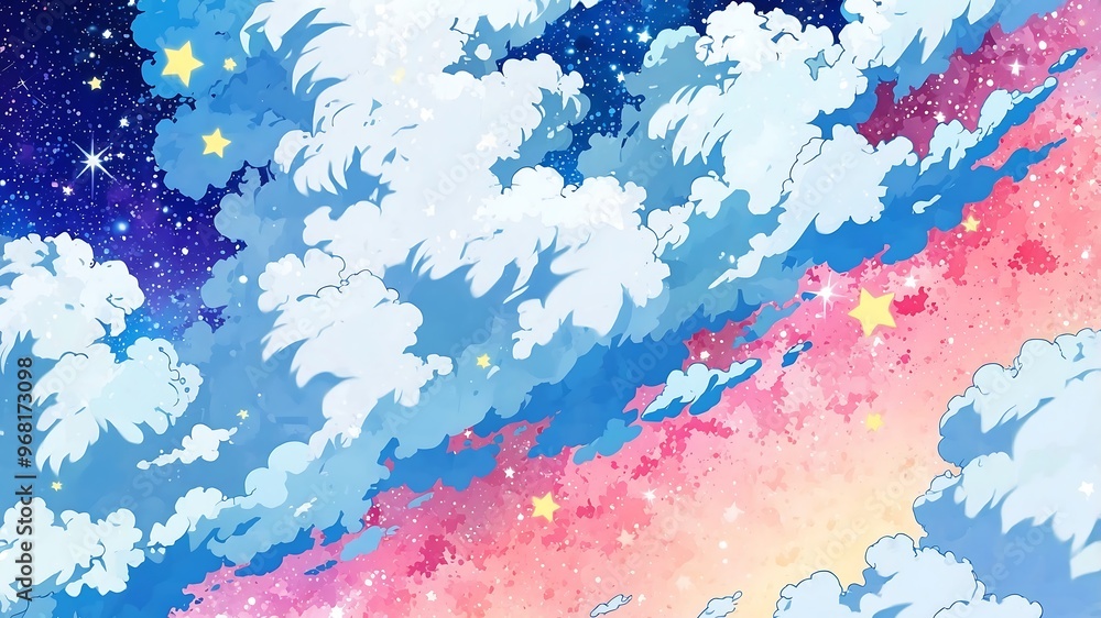 Obraz premium Anime-Style Dreamy Night Sky with Shooting Stars and Colorful Clouds