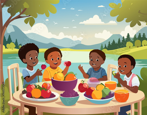 cartoon group of children sitting at the table and eating fresh fruit, illustration vector