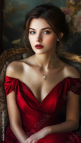 Eastern European woman in a classic red dress with a decollete