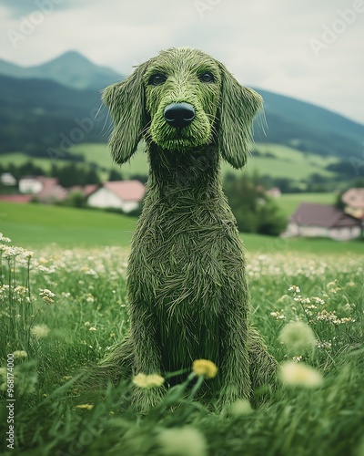 Whimsical Dog Sculpture Made of Grass in Sunny Field photo