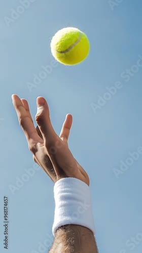 Tennis Player Tossing Ball Upward for Serve Against Blue Sky photo