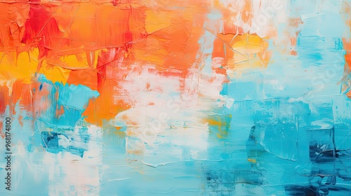 Abstract art in blue, orange, and white.