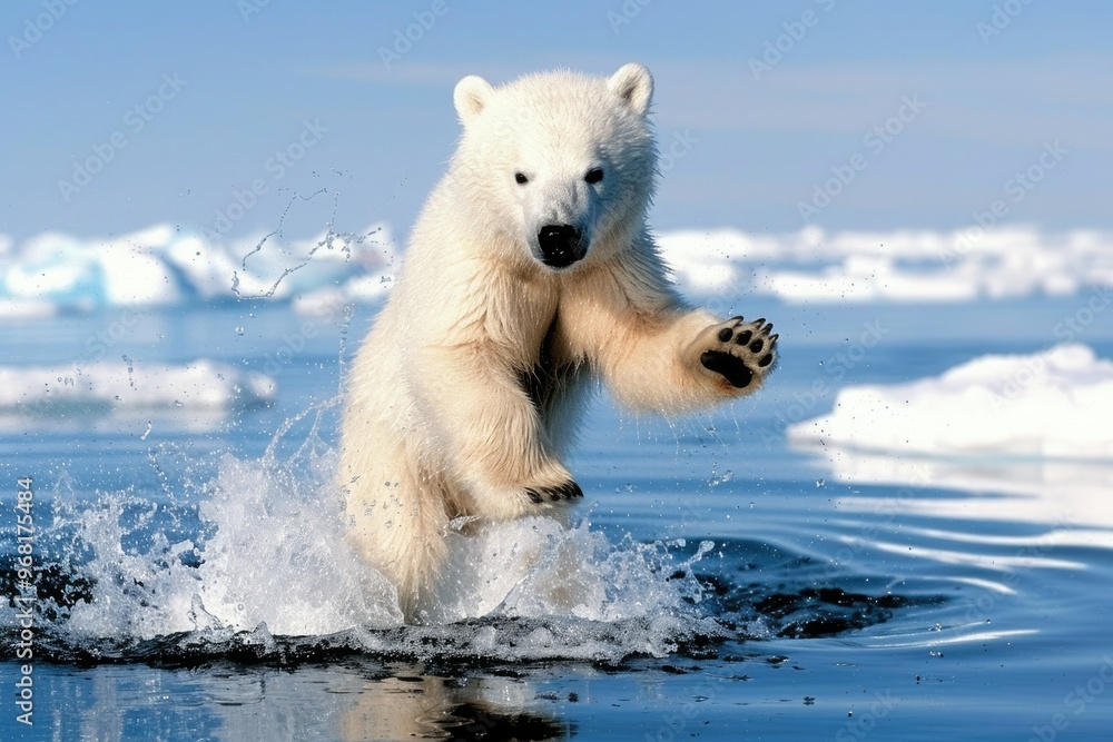 Fototapeta premium Polar bear splashing through icy waters in the Arctic during a sunny day