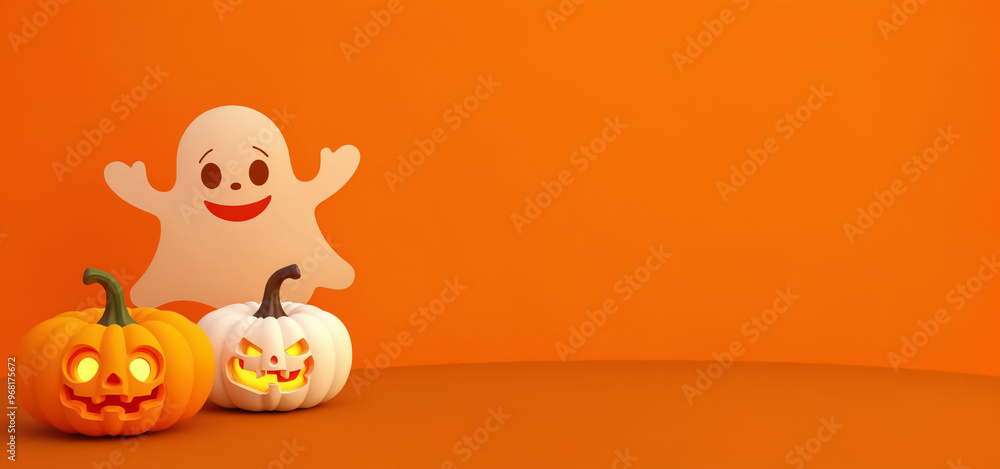 Fototapeta premium Cute Halloween decorations featuring smiling pumpkins and a friendly ghost on an orange backdrop