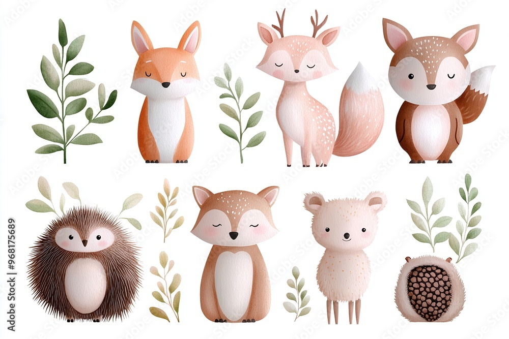 Obraz premium Adorable woodland animals illustration featuring fox, deer, bear, and hedgehog with greenery. Perfect for children's room decor, educational projects, or nature-themed marketing with cute design and s