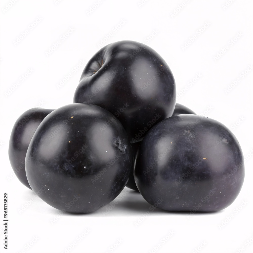 Fresh black plums stacked together on a light background showcasing their smooth skin and vibrant color Fresh black plums stacked together on a light background showcasing their smooth skin and vibrant color