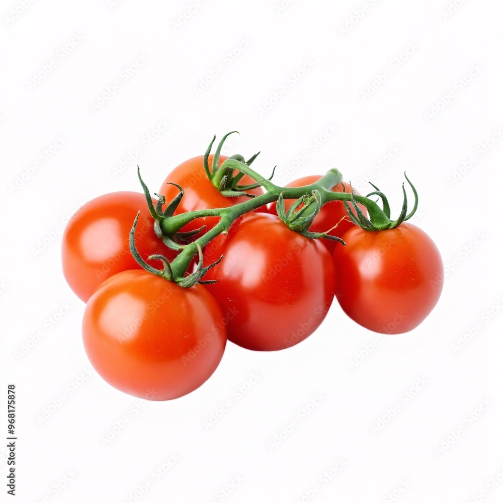 Fresh red tomatoes on the vine displayed against a plain white background, perfect for culinary use or gardening inspiration Fresh red tomatoes on the vine displayed against a plain white background, perfect for culinary use or gardening inspiration