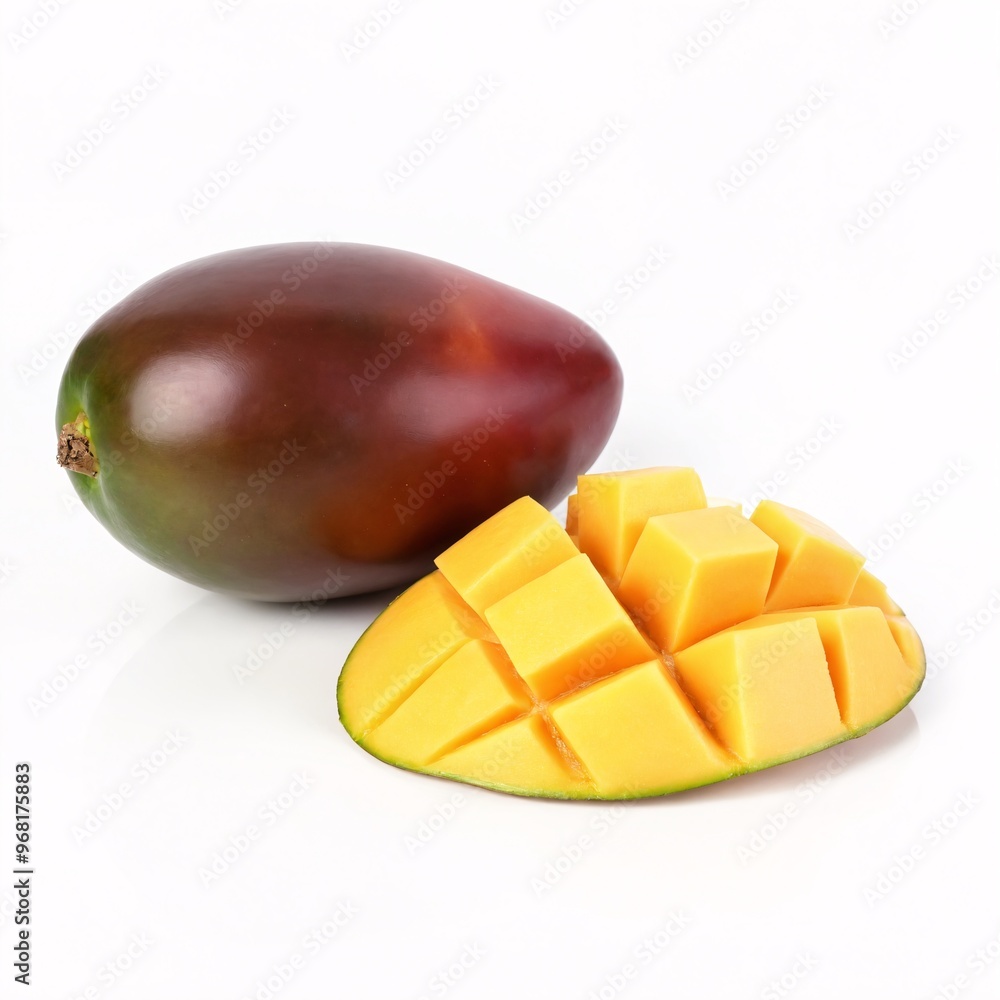 Fresh mango cut into cubes with whole mango placed beside it on a white background, highlighting vibrant colors and textures Fresh mango cut into cubes with whole mango placed beside it on a white background, highlighting vibrant colors and textures