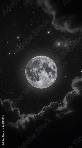 Glowing Full Moon Illuminating Clouds in Starry Night Sky photo